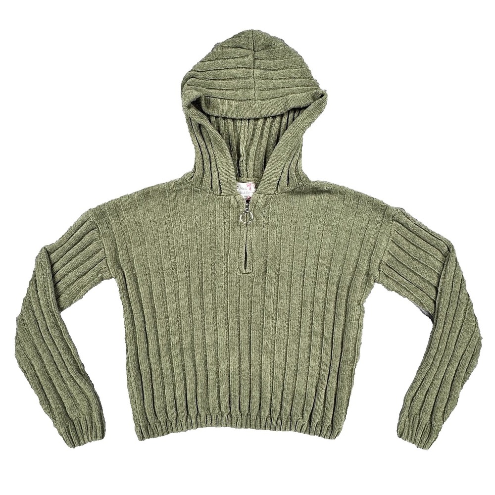 Pink Republic Womens XS Sage Green Chenille Ribbed‎ Quarter Zip Hoodie PF2S22494